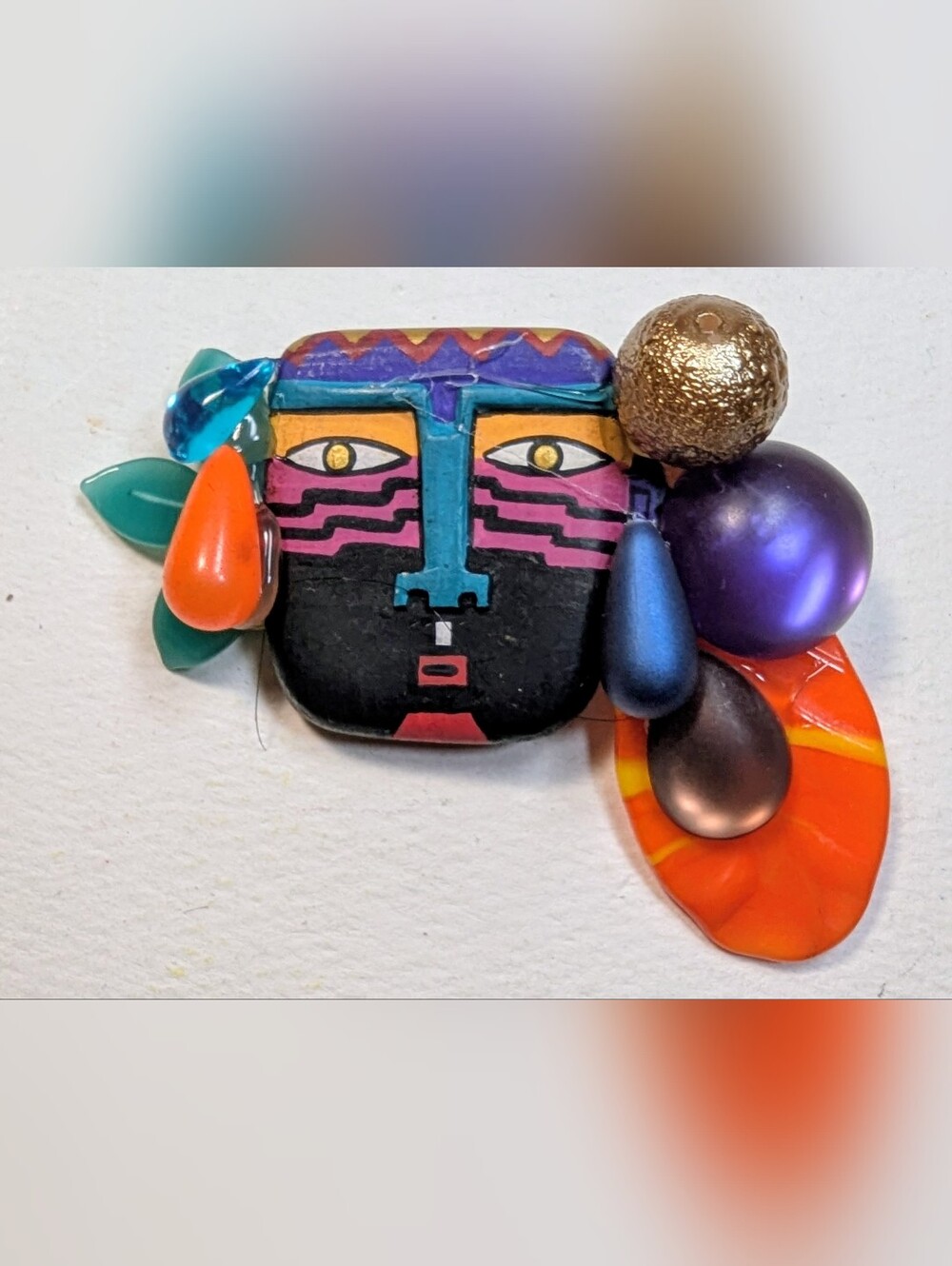 Wendy Gell Broach Colorful Hand-painted Mask With Leaves Orange Purple Bronze